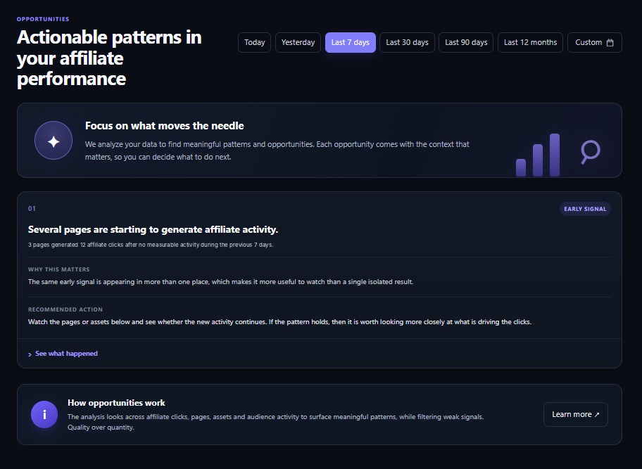 Affiliate Analytics Pro Opportunities screen showing actionable patterns in affiliate performance